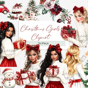 Weihnachten Aquarell Clipart Festliche Mädchen mit Geschenken Urlaub Dekor PNG Geschenk Frau Clip Art Urlaub Dekoration Weihnachten Sublimation Design