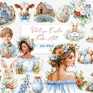 Ferme des cliparts à l'aquarelle de Pâques Illustrations de printemps avec des lapins, des œufs et des fleurs Clipart de Pâques rustiques à l'aquarelle, ferme de lapins de Pâques PNG