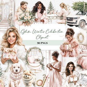 Elegante inverno glamour Natale Clipart Luxe Holiday Celebration Illustrazione Festive Fashion Clip Art Interni accoglienti Decorazioni natalizie glamour