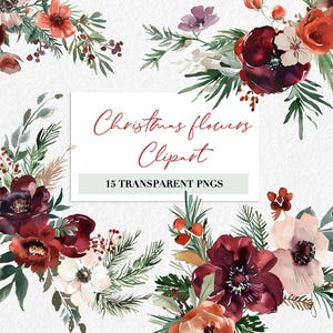 Natal Floral Aquarela Verdejante Clipart Flores Festivas PNG conjunto Galhos de Pinheiro Frutas Vermelhas Convites de Férias Clipart Sublimação Artesanato