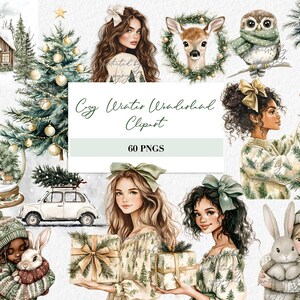 Weihnachten Aquarell Clipart Set Gemütlich Winter Mädchen Waldtiere Urlaub PNG Dateien Geschenk digitale Illustration Reh Eule Weihnachtsbaum Kunst