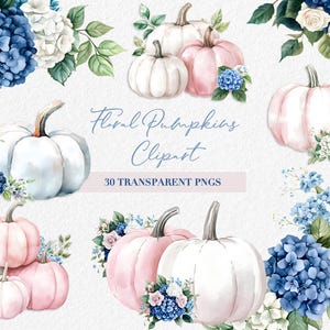 Clipart citrouille aquarelle hortensias bleus Scrapbooking autocollants roses blanches Clip Art Floral automne automne pastel esthétique