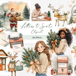 Cartas a Papá Noel Clipart Decoración navideña acogedora Arte Papelería navideña PNG Diseño festivo Ilustración Acuarela navideña Clipart Clipart de Papá Noel
