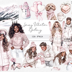 Saint-Valentin vacances d'hiver enneigées Clipart fard à joues romantique station de ski vacances amour aventure PNGs amour vacances numérique planificateur autocollant art