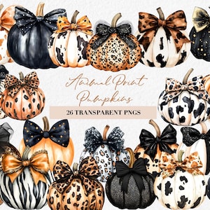 Tier-Print Kürbis-Clipart-Set Leopard Kürbisse mit Bögen Zebra Herbst ästhetischer digitaler Download Gepard Aufkleber Herbst-Kürbis-Illustration