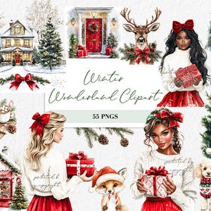 Clipart de Navidad, ilustración de vacaciones en acuarela, obsequios para niñas, acogedor invierno PNG, árbol de Navidad, chocolate caliente, niña negra, conjunto de pegatinas para planificador