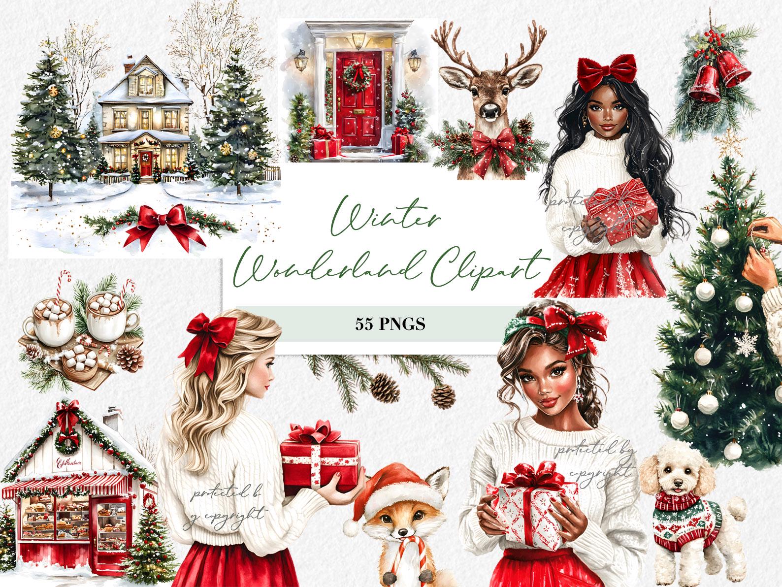 Christmas Clipart Watercolor Holiday Illustration Gift-Giving Girls Cozy  Winter PNG Christmas Tree Hot Cocoa Black girl Planner stickers set, image size:1588x1192