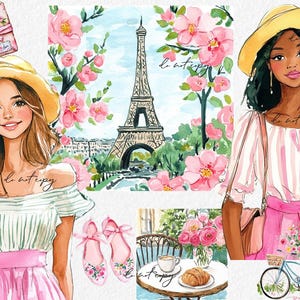 パリの春 水彩画 クリップアート セット フレンチシック デジタルイラスト パリのライフスタイル PNG フランスの美的要素 ビンテージグラフィック
