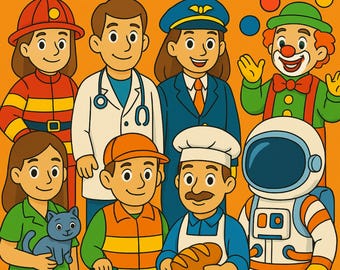 Può includere: Una copertina di un libro da colorare con sfondo arancione, il testo "Was willst du mal werden? Malbuch der Berufe" e illustrazioni di vigile del fuoco, medico, pilota, clown, veterinario con gatto, operaio, panettiere e astronauta.