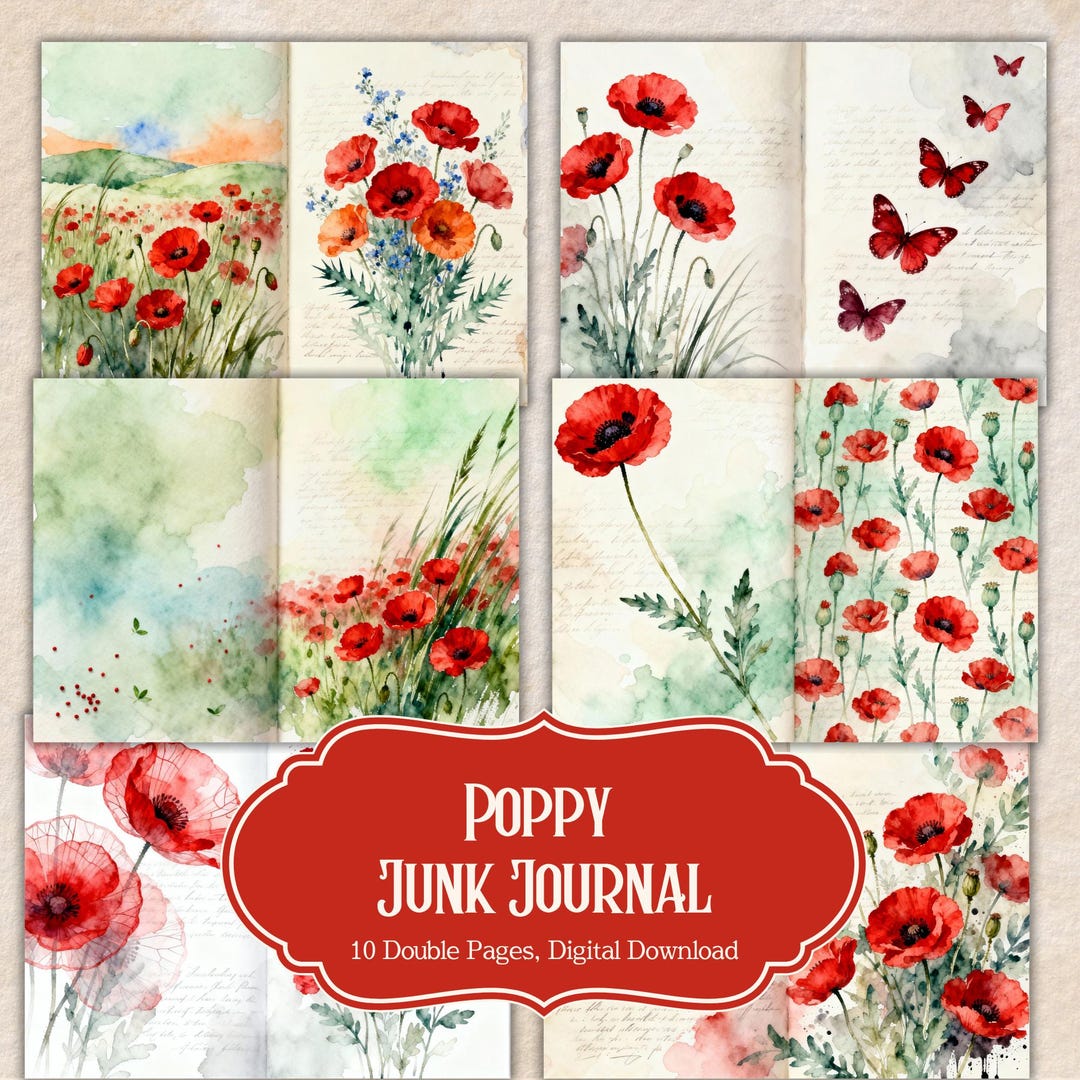 Poppy Junk Journal Pages | Red Floral Ephemera, Watercolor Meadow ...