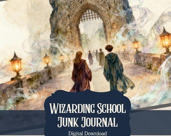 May include: Watercolor illustration of a bridge leading to a stone archway, with figures in robes walking towards it. The scene is lit by lanterns. Text on the image reads "Wizarding School Junk Journal" and "Digital Download".