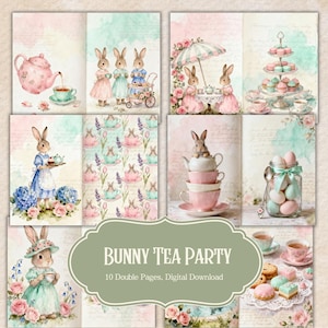 Häschen-Teeparty Junk Journal Seiten | Vintage Cottagecore (Digitaler Download)