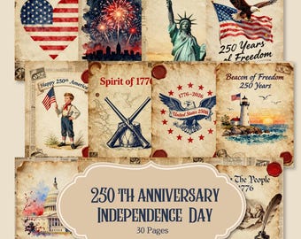 May include: A collection of vintage-style prints celebrating the 250th anniversary of Independence Day. The designs feature patriotic imagery, including the American flag, fireworks, the Statue of Liberty, and an eagle. The text reads "250th Anniversary Independence Day".