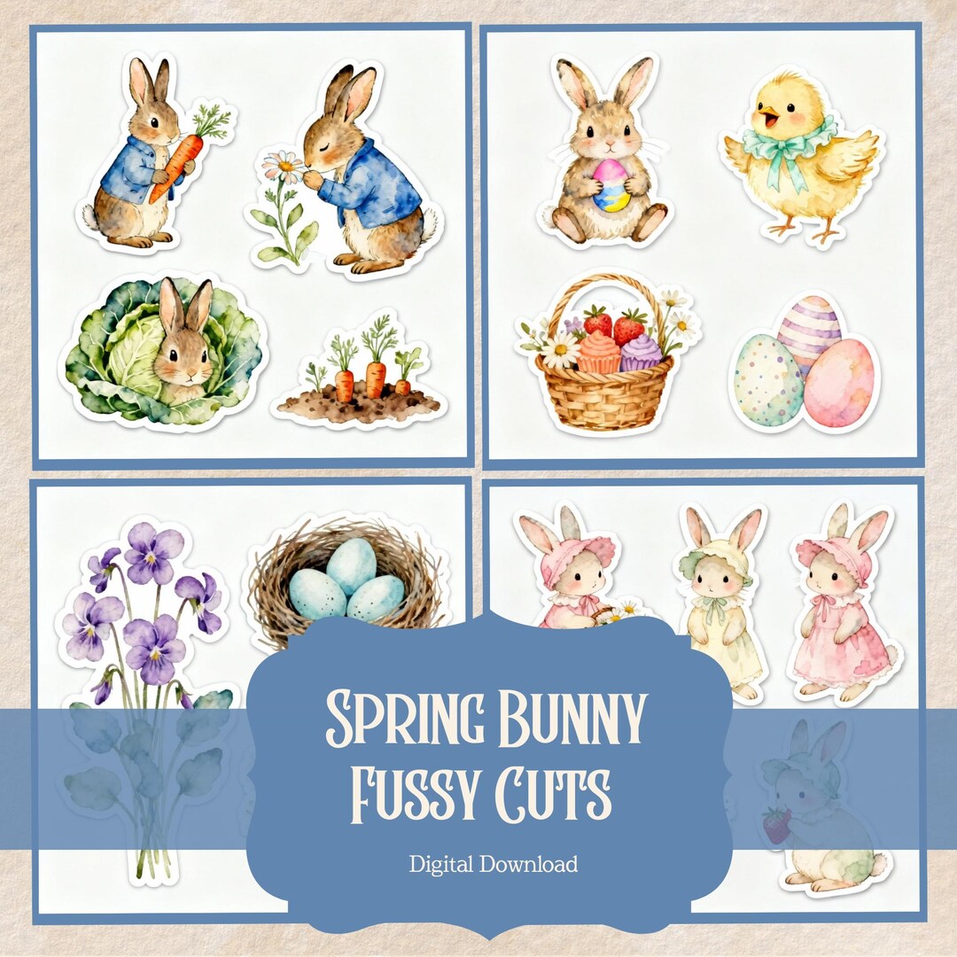 Spring Rabbit Sticker Spring Bunny Stickers Printable | Peter Rabbit Fussy Cuts (digital ...