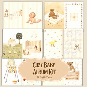 以下が含まれることがあります： 20ページ構成のCozy Babyアルバムキット。赤ちゃん、テディベア、ベビーベッド、ハイチェアなど、赤ちゃんに関連するシーンの水彩イラストが特徴です。ベージュとパステル調のソフトな色使いです。