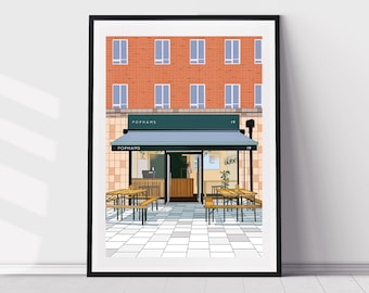 London Print, Travel Illustration, Pophams Angel Islington, Kitchen Wall Decor, Gift for House Warming/ Her/ Him