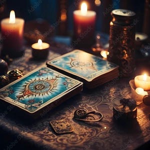 K&ouml;nnte beinhalten: Eine mystische Szene mit Tarotkarten mit einem Augendesign, beleuchtet von Kerzen. Die Karten liegen auf einer gemusterten Oberfl&auml;che, zusammen mit anderen dekorativen Gegenst&auml;nden. Die warme Beleuchtung schafft eine spirituelle Atmosph&auml;re.