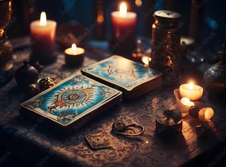 K&ouml;nnte beinhalten: Eine mystische Szene mit Tarotkarten mit einem Augendesign, beleuchtet von Kerzen. Die Karten liegen auf einer gemusterten Oberfl&auml;che, zusammen mit anderen dekorativen Gegenst&auml;nden. Die warme Beleuchtung schafft eine spirituelle Atmosph&auml;re.