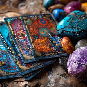 K&ouml;nnte beinhalten: Ein Stapel Tarotkarten mit farbenfrohen Illustrationen, darunter Pyramiden und abstrakte Designs. Die Karten sind von verschiedenen Edelsteinen in Blau, Lila, Orange und Gr&uuml;n umgeben, was eine mystische &Auml;sthetik erzeugt.