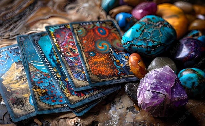 K&ouml;nnte beinhalten: Ein Stapel Tarotkarten mit farbenfrohen Illustrationen, darunter Pyramiden und abstrakte Designs. Die Karten sind von verschiedenen Edelsteinen in Blau, Lila, Orange und Gr&uuml;n umgeben, was eine mystische &Auml;sthetik erzeugt.