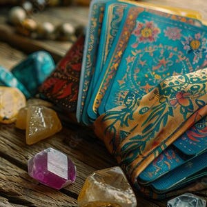 K&ouml;nnte beinhalten: Ein Tarotkartendeck mit einem t&uuml;rkis-goldenen Blumenmuster, das auf einer Holzoberfl&auml;che ausgebreitet ist. Verschiedene bunte Kristalle, darunter Amethyst, Quarz und Citrin, sind um die Karten herum verstreut. Eine Perlenkette befindet sich im Hintergrund.