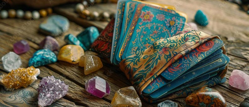 K&ouml;nnte beinhalten: Ein Tarotkartendeck mit einem t&uuml;rkis-goldenen Blumenmuster, das auf einer Holzoberfl&auml;che ausgebreitet ist. Verschiedene bunte Kristalle, darunter Amethyst, Quarz und Citrin, sind um die Karten herum verstreut. Eine Perlenkette befindet sich im Hintergrund.