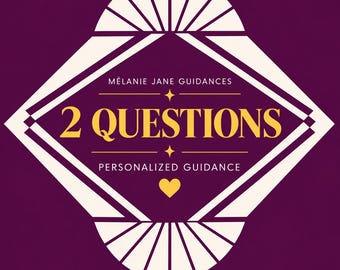 May include: A deep purple graphic design featuring a white diamond-shaped frame with sunburst accents. The text reads Mélanie Jane Guidances, 2 Questions, and Personalized Guidance in gold and white, with a small yellow heart icon below.