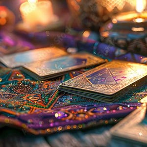 Peut inclure: Gros plan sur des cartes de tarot aux bords dorés et aux motifs géométriques, disposées sur un tissu coloré et orné de motifs. La scène est éclairée par une douce lumière de bougie, créant une ambiance mystique. Les cartes sont bleues, dorées et turquoise.