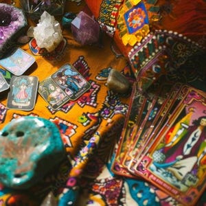 K&ouml;nnte beinhalten: Eine Ansammlung von Tarotkarten, Kristallen und Steinen, die auf einem farbenfrohen, gemusterten Stoff angeordnet sind. Das Bild zeigt Amethyst- und Quarz-Kristalle sowie mehrere Tarotkarten mit Illustrationen. Das Gesamtthema deutet auf Spiritualit&auml;t und Wahrsagung hin.