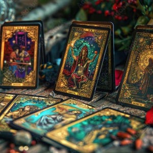 K&ouml;nnte beinhalten: Ein Satz Tarotkarten mit aufwendigen Illustrationen in Gold- und Juwelfarben. Die Karten zeigen Figuren und Symbole, mit einer Kerze und anderen mystischen Objekten im Hintergrund. Die Karten sind auf einer Holzoberfl&auml;che angeordnet.