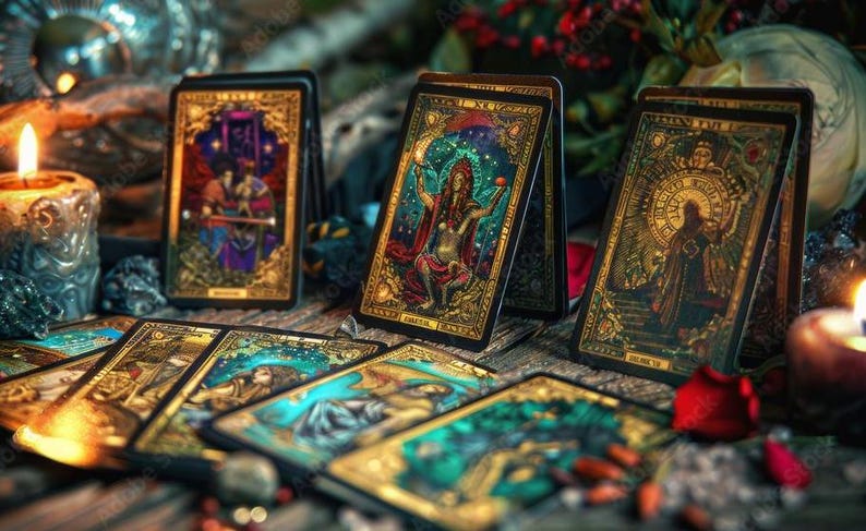 K&ouml;nnte beinhalten: Ein Satz Tarotkarten mit aufwendigen Illustrationen in Gold- und Juwelfarben. Die Karten zeigen Figuren und Symbole, mit einer Kerze und anderen mystischen Objekten im Hintergrund. Die Karten sind auf einer Holzoberfl&auml;che angeordnet.