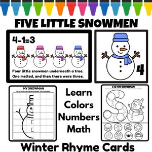 May include: Educational winter-themed cards with the text "FIVE LITTLE SNOWMEN" and "Winter Rhyme Cards." The cards teach colors, numbers, and math. Includes illustrations of snowmen, a snowman outline, and the letter "S."