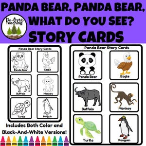 May include: Educational story cards with a panda bear theme. The cards show a panda, eagle, buffalo, monkey, turtle, and penguin. Includes both colour and black-and-white versions for learning.