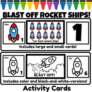 May include: A colorful activity card set with rocket ship illustrations. The cards feature rockets, numbers, and the phrase "BLAST OFF!" in both color and black-and-white versions. Includes large and small cards.