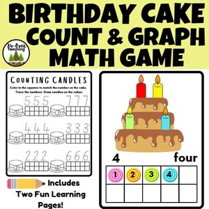 May include: A colorful educational math game with the text "BIRTHDAY CAKE COUNT & GRAPH MATH GAME". The game includes a birthday cake graphic with candles, number matching, and counting activities. The text "Includes Two Fun Learning Pages!" is also visible.