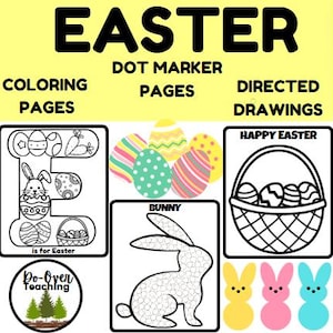 Peut inclure: Une ressource éducative sur le thème de Pâques avec le mot "EASTER" en grandes lettres noires. L'image comprend des pages à colorier, des pages de marqueurs à points et des dessins dirigés avec des œufs de Pâques, des lapins et des paniers. Le texte "HAPPY EASTER" est également visible.