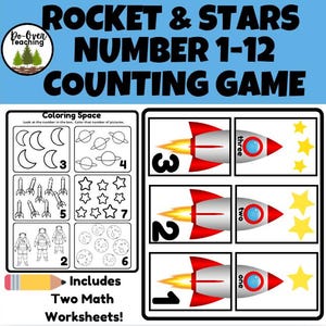 May include: Educational counting game featuring rockets and stars. The game includes number recognition from 1 to 12, with corresponding illustrations. The image also includes two math worksheets. The text on the image says "Rocket & Stars Number 1-12 Counting Game".