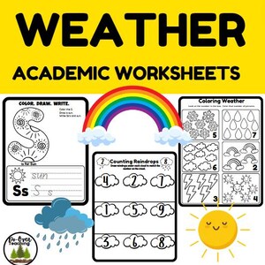 Väder Akademiska arbetsblad Förskola och dagis Läroplan Matematik Alfabet Skrivning Regnbåge Paraply Snö Sol Regn