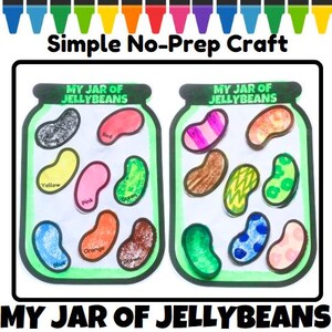 Könnte beinhalten: Ein farbenfrohes Bastelprojekt mit zwei Gläsern voller Geleebohnen. Jede Geleebohne hat eine andere Farbe, mit Etiketten wie "Rot", "Gelb" und "Blau". Der Text "Simple No-Prep Craft" und "My Jar of Jellybeans" sind ebenfalls sichtbar.