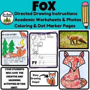 Può includere: Una raccolta di schede didattiche e attività a tema volpe. Include istruzioni per il disegno guidato, pagine da colorare e pagine con pennarelli a punti. Il testo sull'immagine dice "FOX", "Istruzioni per il disegno guidato" e "I tuoi studenti adoreranno le attività creative e di apprendimento di questa unità!"