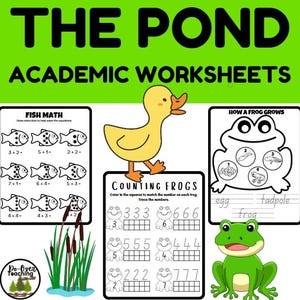 May include: Educational worksheets titled "THE POND ACADEMIC WORKSHEETS". Includes maths problems, counting exercises, and a diagram of frog development. Features a cartoon duck and frog illustrations.