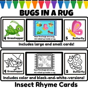 Peut inclure: Cartes de rimes éducatives sur les insectes, avec des illustrations colorées et en noir et blanc d'insectes. Les cartes comprennent une sauterelle, un papillon et d'autres insectes, avec le texte "BUGS IN A RUG". Comprend des cartes grandes et petites.