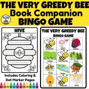 Puede incluir: Un juego de bingo educativo amarillo y negro titulado "The Very Greedy Bee". El juego incluye una página para colorear con forma de colmena y una tarjeta de bingo con ilustraciones temáticas de abejas. Diseñado para niños.