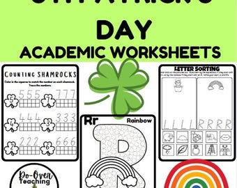St. Patrick's Day Holiday Worksheets Preschool and Kindergarten Curriculum Math Alphabet Writing Academics Theme Rainbow Shamrock Leprechaun
