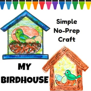 Peut inclure: Dessin coloré de deux nichoirs, chacun avec un oiseau et des œufs à l'intérieur. Le texte "Simple No-Prep Craft" et "MY BIRDHOUSE" sont également inclus. L'image est ornée d'une rangée de marqueurs de différentes couleurs.