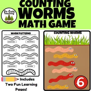 May include: A colorful educational math game titled "Counting Worms Math Game." The image features worm patterns and counting exercises with the number 6. Includes two fun learning pages. The game is designed for children.