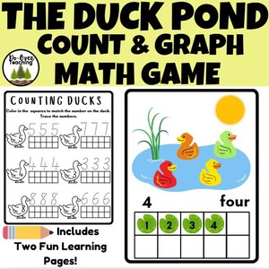 Może przedstawiać: Edukacyjna gra matematyczna zatytułowana "The Duck Pond Count & Graph Math Game". Obrazek przedstawia liczenie kaczek, śledzenie liczb i aktywność graficzną. Zawiera dwie zabawne strony do nauki z kolorowymi ilustracjami kaczek i stawu.
