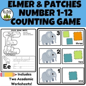 May include: Educational worksheet titled "ELMER & PATCHES NUMBER 1-12 COUNTING GAME." Features include counting exercises with gray elephant illustrations and colorful patches. Includes "Two Academic Worksheets!" with instructions to color, draw, and write.