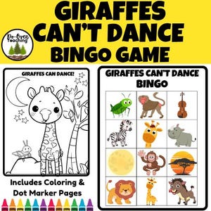 May include: A children's activity set with the text "GIRAFFES CAN'T DANCE BINGO GAME." The set includes a coloring page with a giraffe and a bingo game with animal illustrations. Includes coloring and dot marker pages.