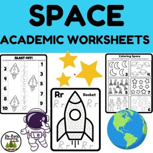 May include: A collection of space-themed academic worksheets. The image features a rocket ship, an astronaut, a globe, and coloring pages. The text includes "SPACE ACADEMIC WORKSHEETS", "BLAST OFF!", and "Coloring Space".